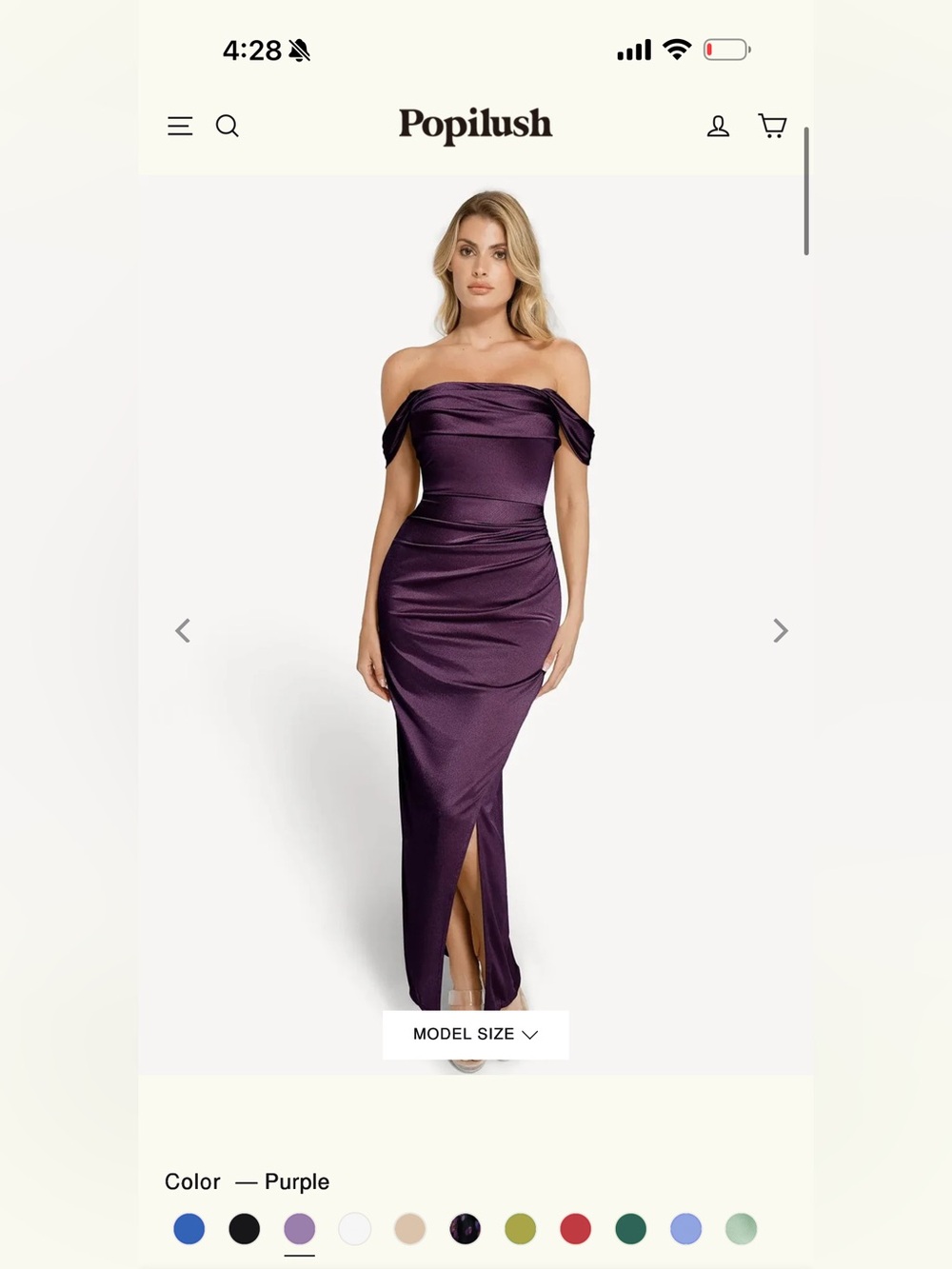 Off-Shoulder Purple Ruched Evening Dress with Front Slit